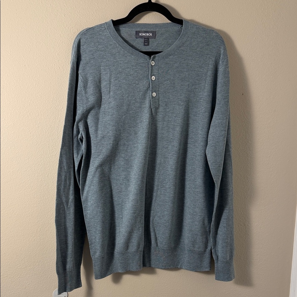 Bonobos Cotton Linen Blend Henley Sweater in Blue Heather Gray Size L